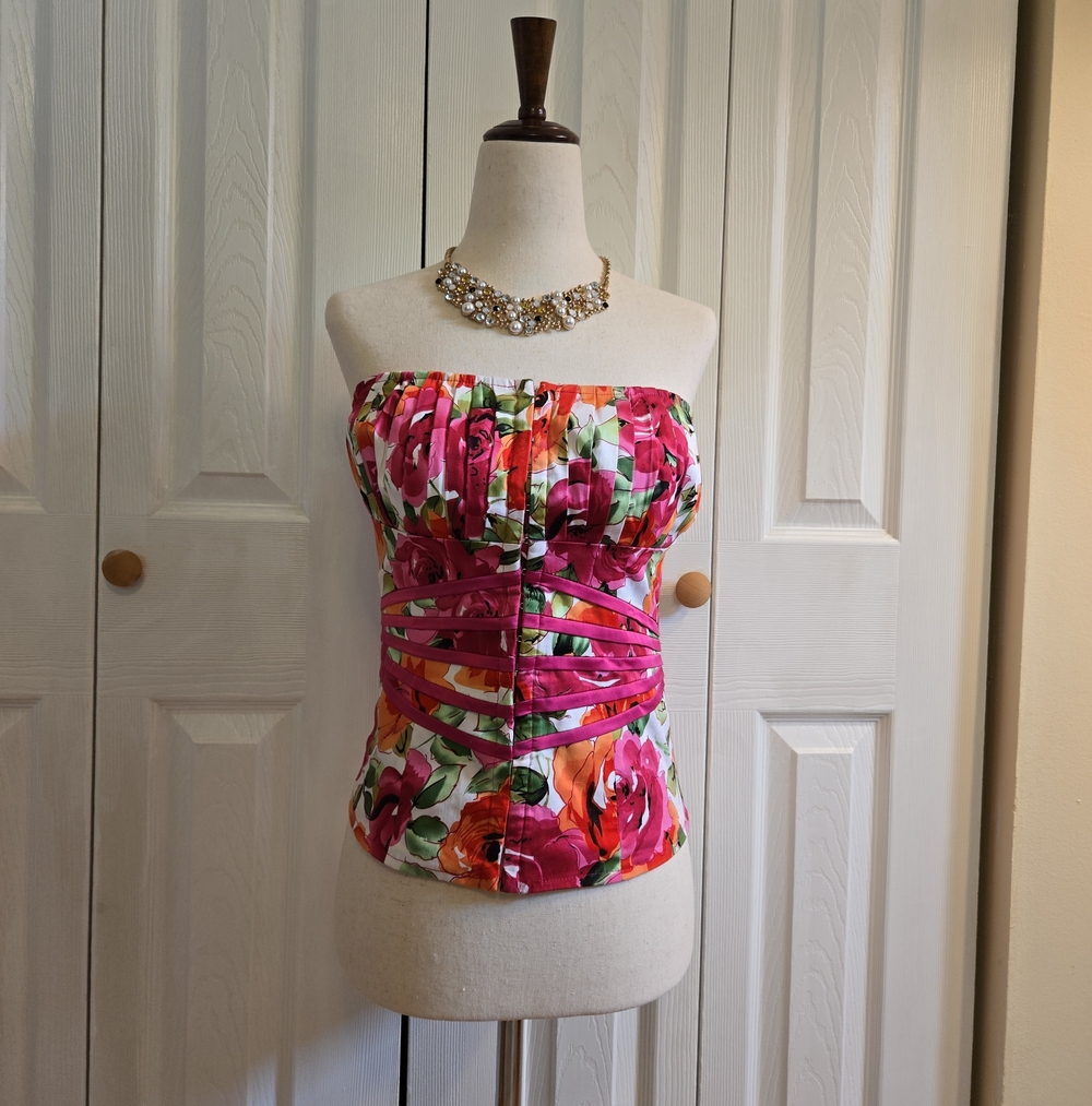 Strapless Floral Corset Camisole in Pink, Orange & Green